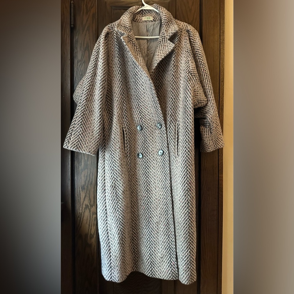 Vintage Women`s JILL Jr Long Wool Pink & Gray Tweed Dress Coat, Size M